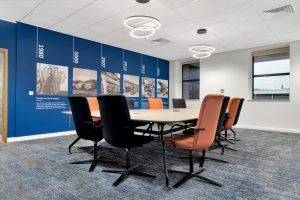 Meeting room fit out with bespoke desk and chairs.